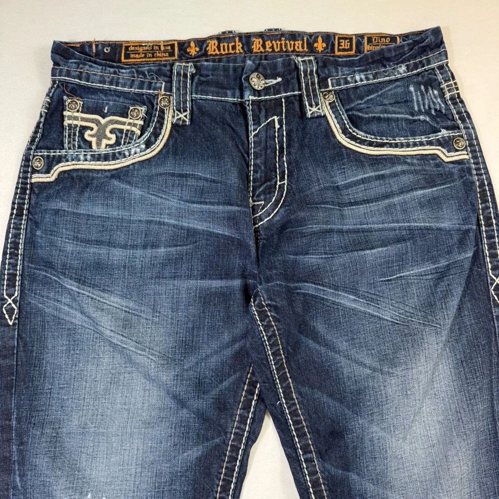 Rock Revival Jeans Mens 36 (Fits 37x28) Blue Dino Relaxed Straight Distressed